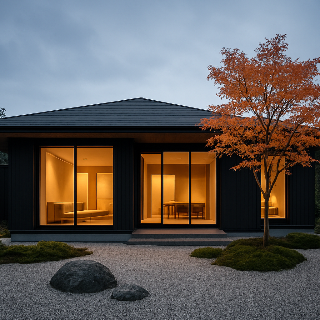 夕暮れに灯る和モダン住宅の外観